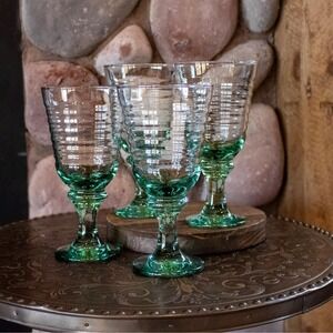 Libbey Spanish Green Sirrus Water Goblets Set of 4 | Mid Century Ribbed Barware